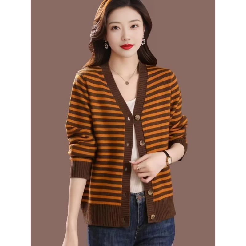 Mom's Cardigan Spring Autumn and Winter Striped Collar Jacket New Women's Knitted Top