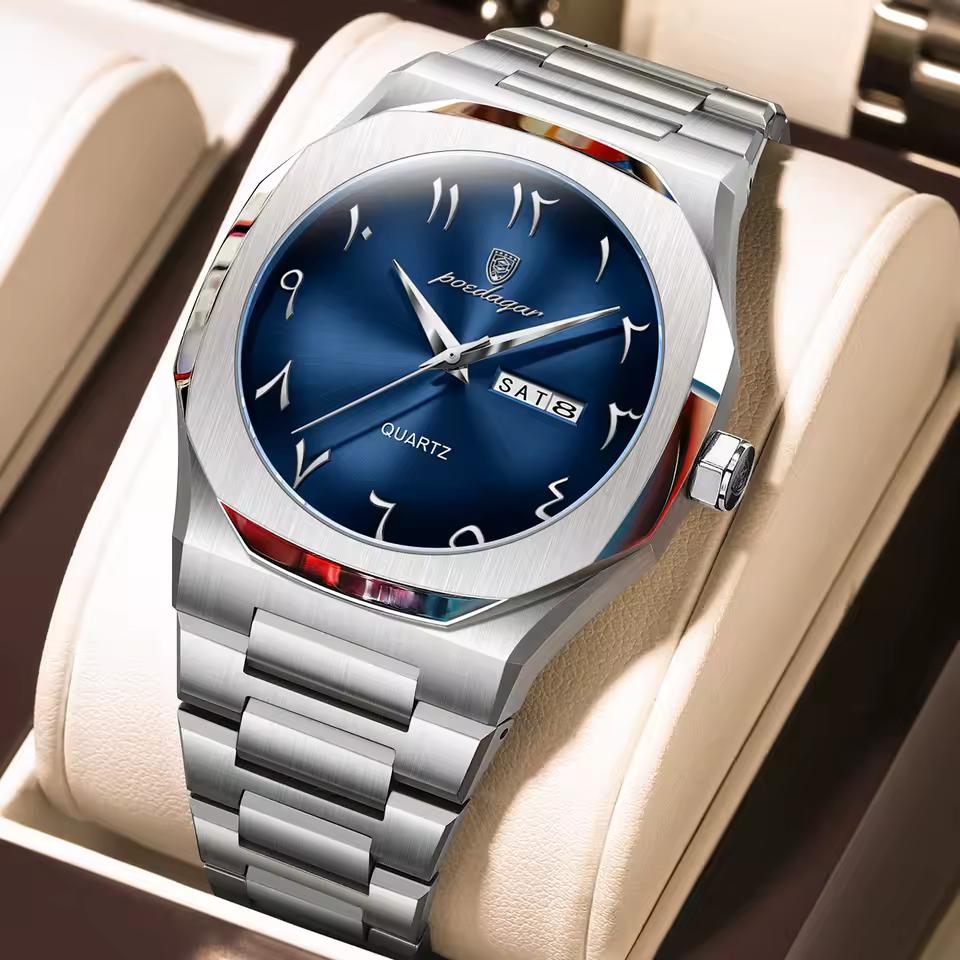 POEDAGAR Watch for Men Waterproof Luxury Week Calendar Wristwatch Quartz Stainless Steel Fashion Watches Male