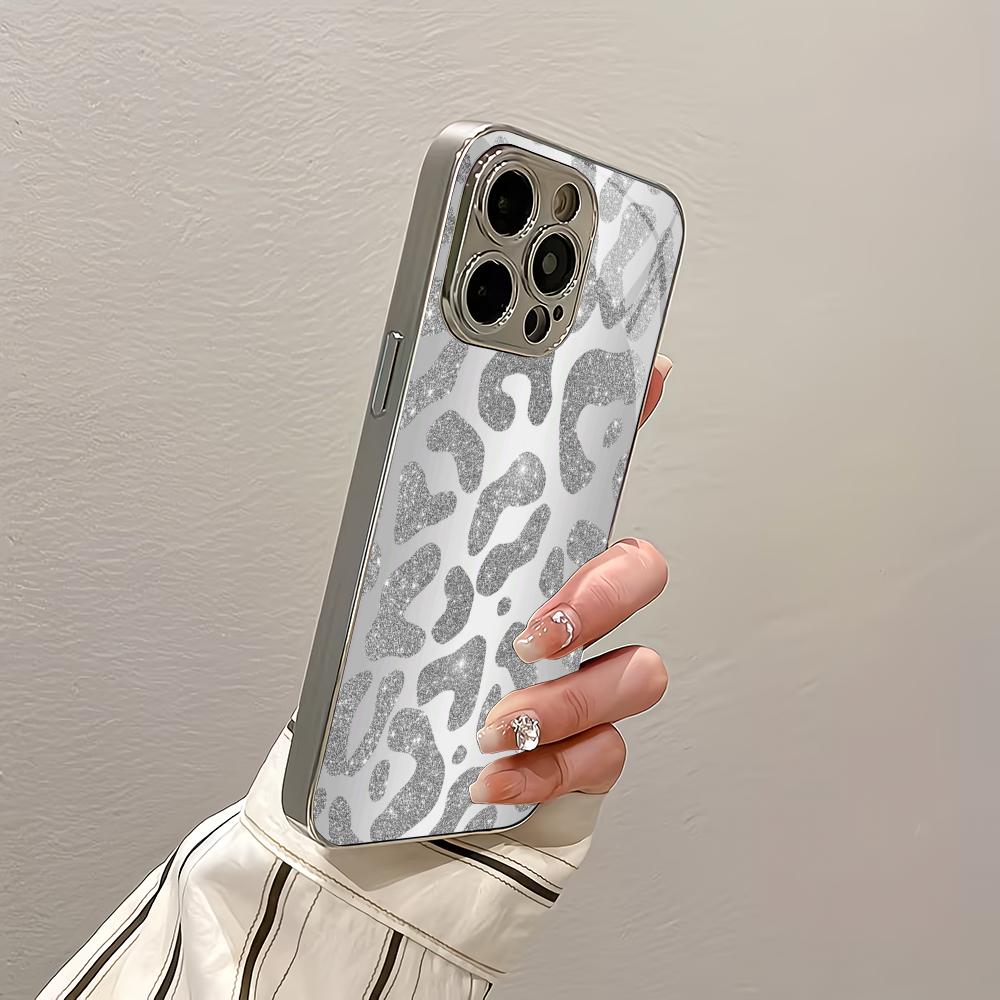 Sparkling leopard print silver plated glass phone case suitable for iPhone 17 16 15 14 13 12 11 Pro/Max/Plus scratch resistant