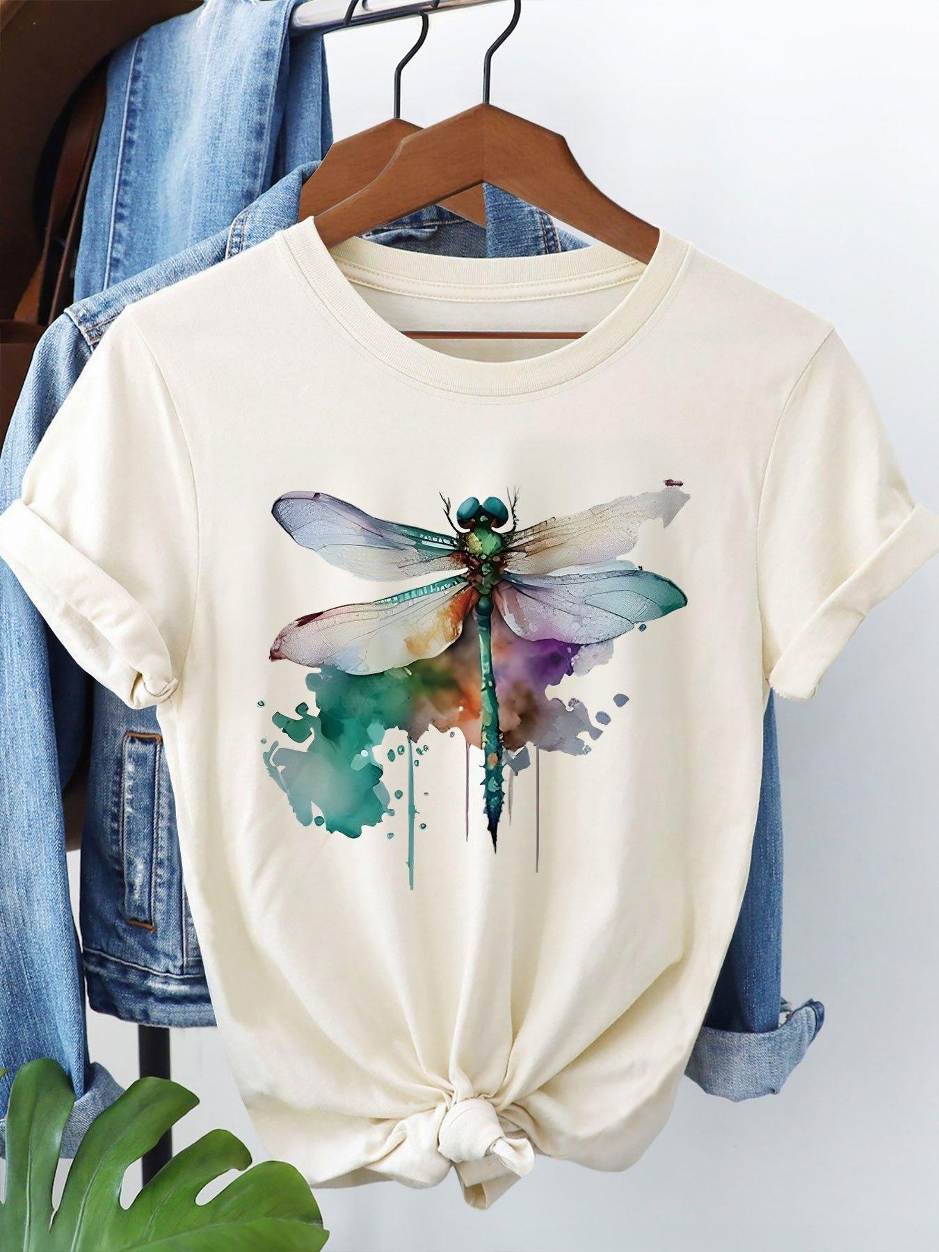 

Женская повседневная футболка с коротким рукавом и круглым вырезом, акварельный принт с брызгами туши в виде стрекозы, белая с зеленым и фиолетовым, модная 4XL
