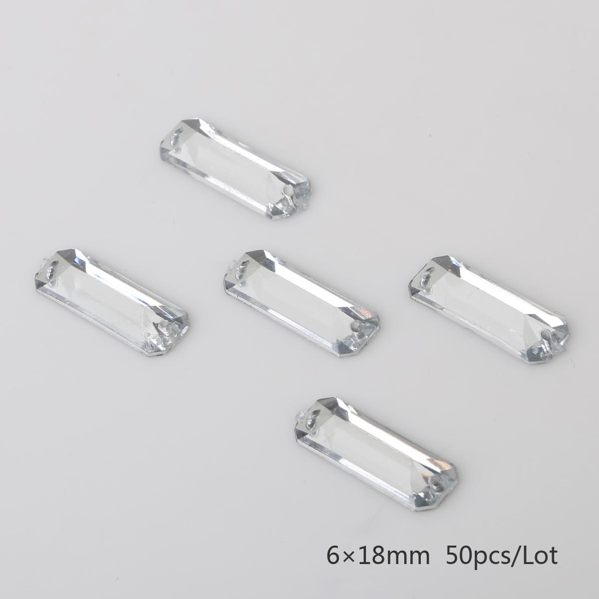 

50-200 шт. акриловые дрели с двойным отверстием и плоским дном, прямоугольные хрустальные стразы с плоским дном для DIY свадебного платья/аксессуаров для одежды 6x18mm 50pcs чистый