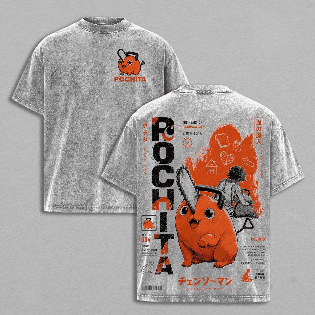 Chainsaw Man Pochita Anime T-shirt Men Women Clothing Harajuku Vintage Washed T Shirt Summer High Quality Cotton Tee Clothes