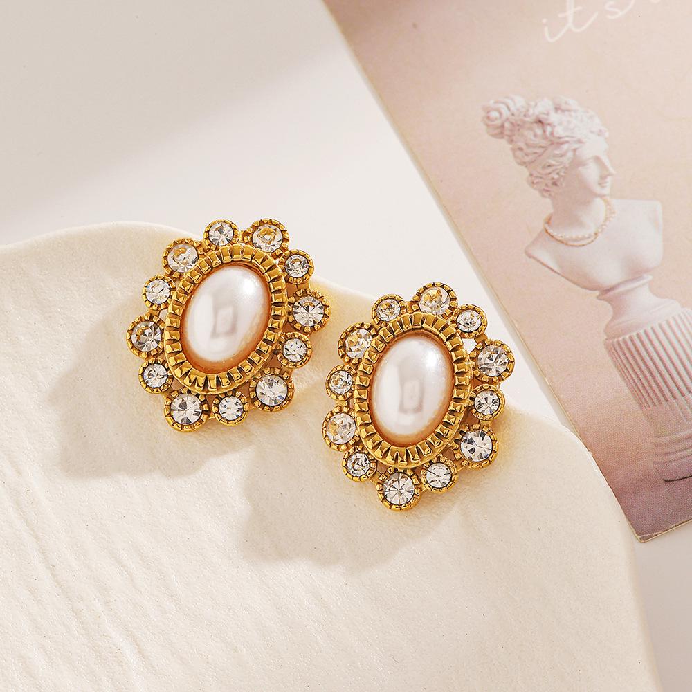 Ying Tai High Polish 18K Gold Stainless Steel Earrings with Faux Pearl and Zircon Studs