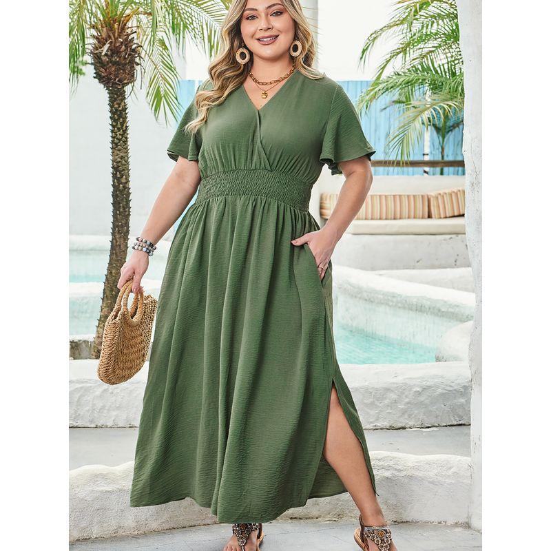 American Shiying Summer New Arrival V-neck plus Size Dress Women 2025 Fashion High Waist Pleated Split Dress