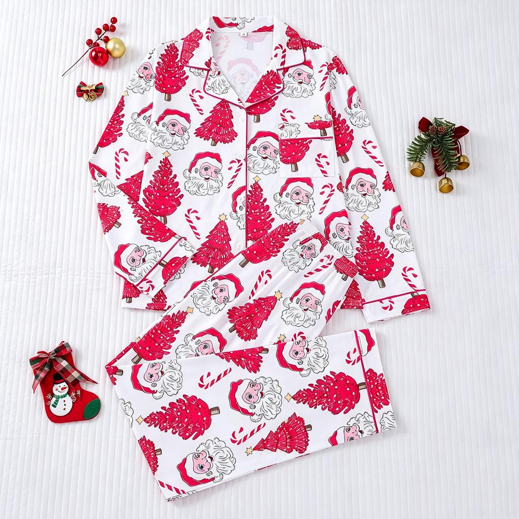Women's Christmas Printed Pajama with Lapel Collar and Open-Front Design for Holiday Lounging