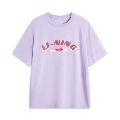Li Ning Sports Lifestyle Series Letter Round Neck Breathable Versatile Loose Short Sleeve T-Shirt Women T-Shirts Rose-Purple AHSU870-2