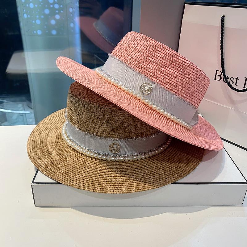 Straw hat women's spring and summer versatile pearl M letter flat top top top hat big brim sunshade sunscreen beach hat shows small face