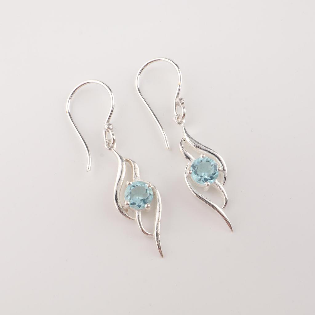 Natürlicher Himmelblauer Topas Edelstein 925 Sterlingsilber Designer Schmuck Damen Hängeohrring 1,7" CE-22-4