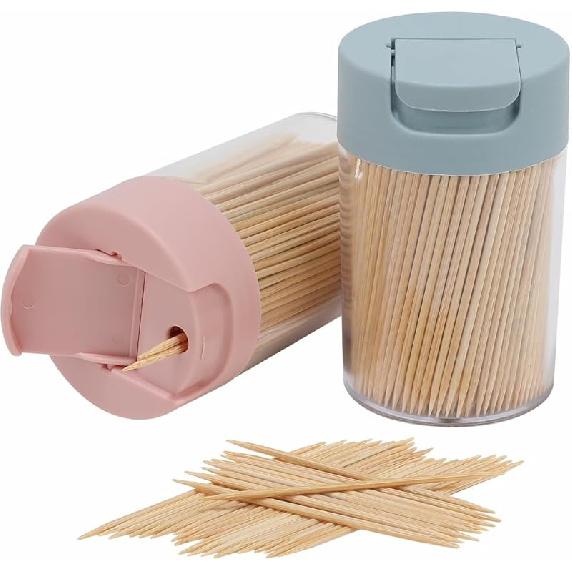 Toothpick Holder, 2000 Count Bamboo Toothpicks with 4 Reusable Toothpick Dispenser, Sturdy Smooth Health Toothpicks for Party, Bar, Olive, Barbecue,
