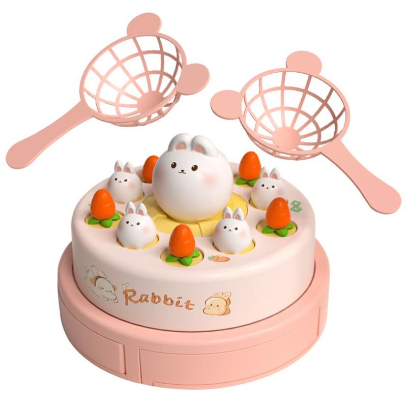 

Электрическая всплывающая игрушка-вертушка с музыкой, мультяшная вращающаяся игрушка-ловушка с кроликом, с сетями, музыкальная запускающая вращающаяся игра, детская игрушка розовый