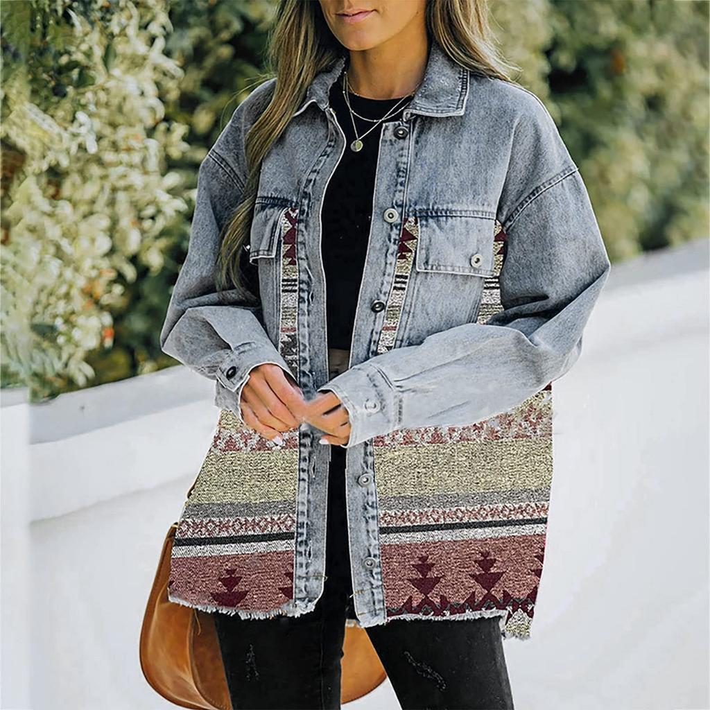 Women Loose Casual Denim Jacket Female Jacket Long Sleeve Black Trim Coat With Pockets