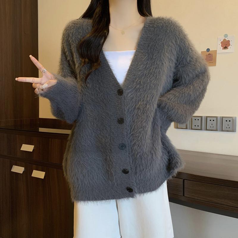 Soft Waxy Solid Color Gentle Wind Imitation Mink Velvet V-neck Knitted Cardigan Women's Autumn and Winter New Loose Lazy Sweater Jacket