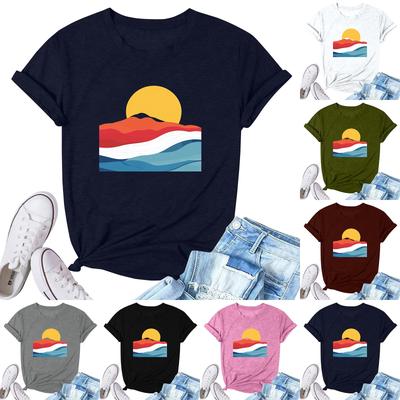 Damenmode Bedrucktes Lässiges Plissee Rundhals Kurzarm T-Shirt Top