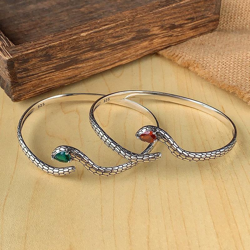 Foxanry Red Green Zircon Snake Cuff Bracelets For Women Couples Vintage Simple Trendy Elegant Personality Birthday Jewelry Gifts
