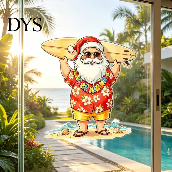 Tropical Santa Window Cling Claus Surf Static Sticker, Christmas PVC Decal, Waterproof Seasonal Decoration Easy Apply Sticker for Glass Doors