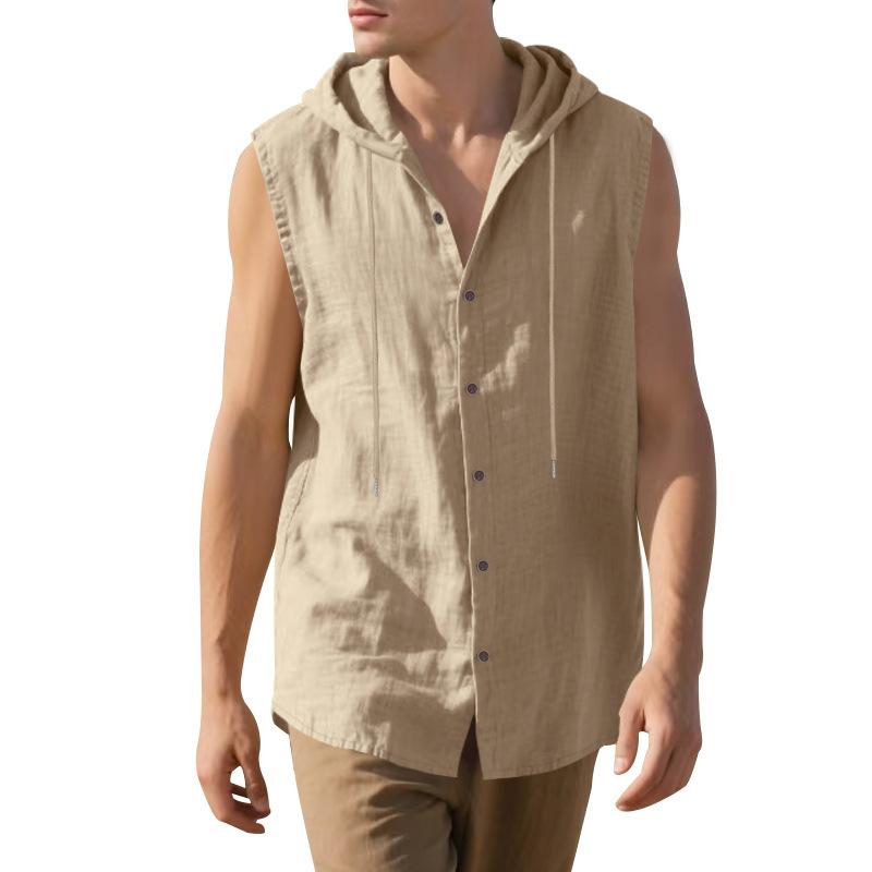 2025 Summer Mens Sleeveless Shirt New Men Loose Casual Linen Hooded Shirt Male Thin Waistcoat Male Trendy Casual Shirt