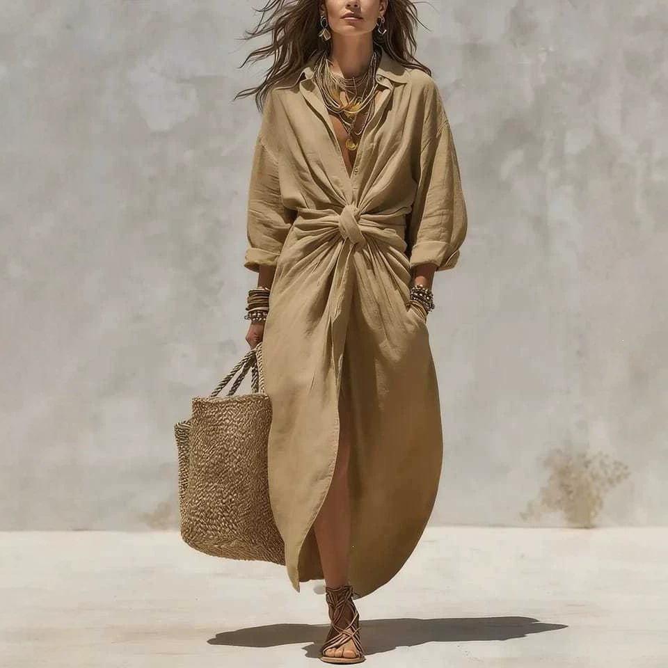 2026 Women's Solid Color Shirt Collar Long Sleeve Pocket Cardigan Dress
