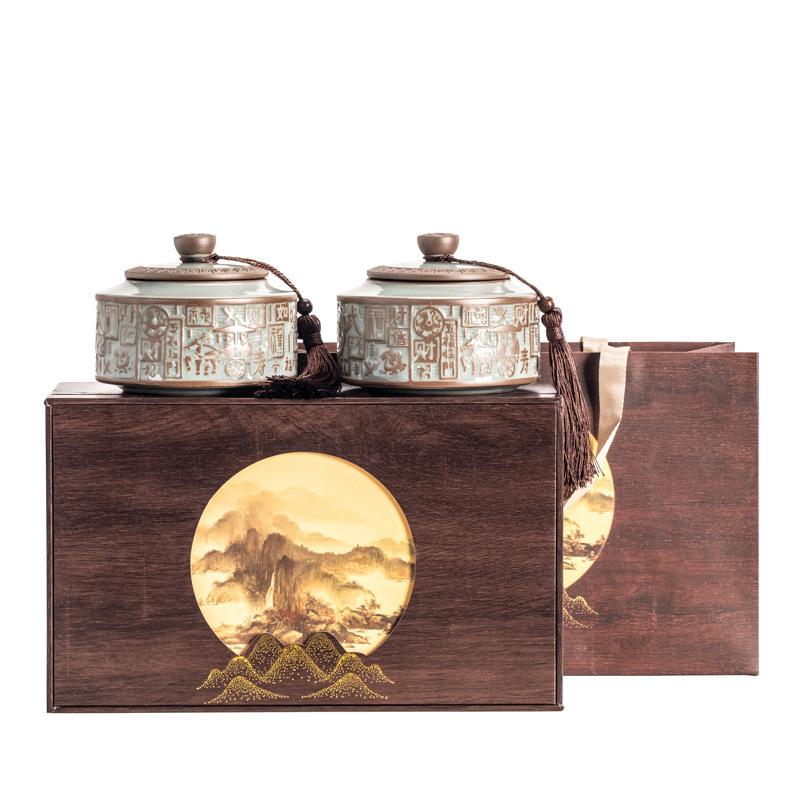 Ceramic tea cans, Ge kiln double cans, storage jars, black tea, Pu'er, Tieguanyin, green tea, tea packaging gift set