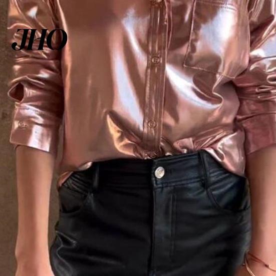 Slimming Shirt Women Tops Lapel Long Sleeve Loose Fit Suede Casual Versatile with Patch Pocket Single Breasted Bright Color Button-up Blouse