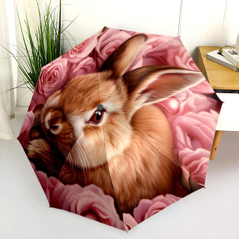 Rabbit and Flowers pattern, automatic folding umbrella, portable and foldable design, 8 ribs, a Christmas or birthday gift.
