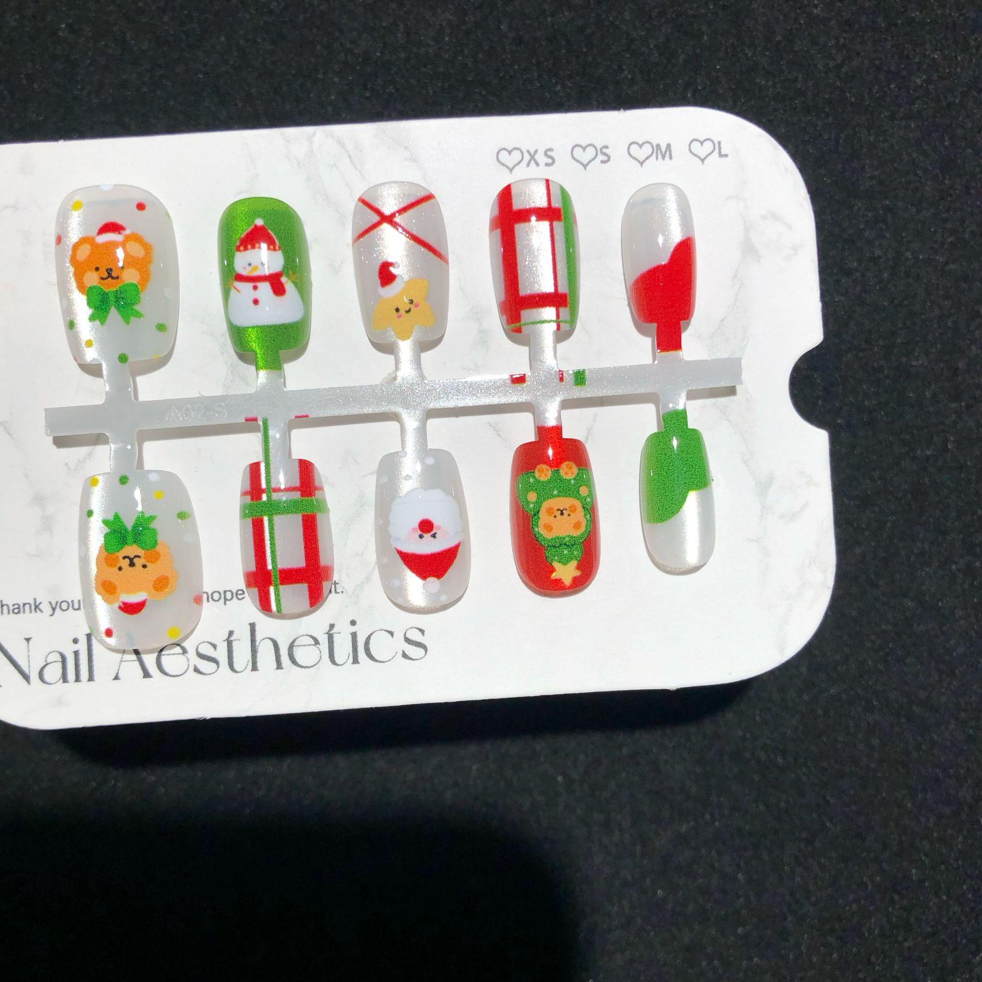 

Festive Christmas Teddy Bear Cat Eye Press-On Nails - Red & Green