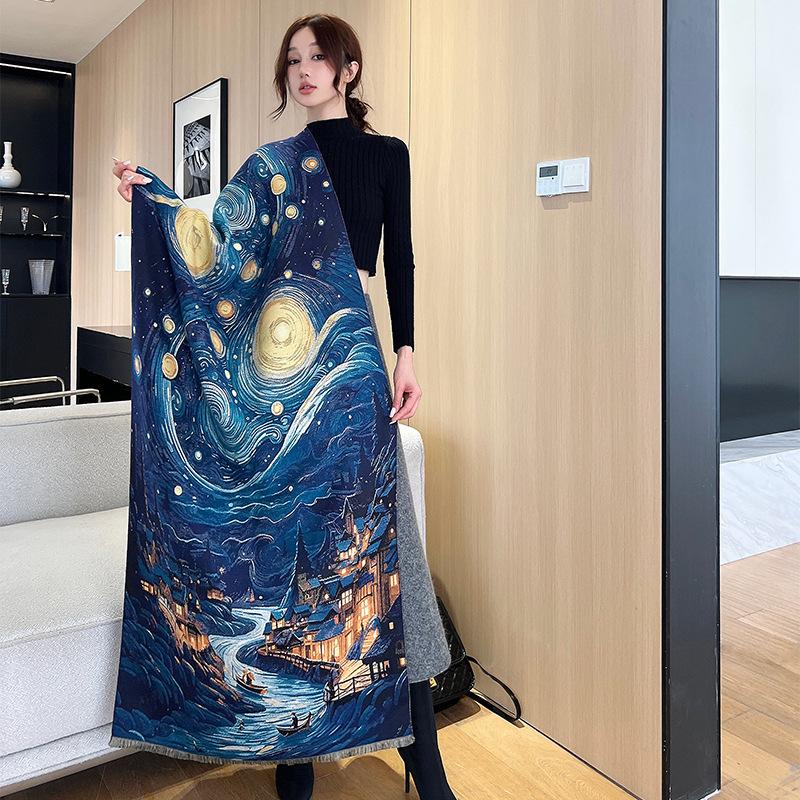 Niche Design Starry Sky Imitation Cashmere Scarf for Women Autumn and Winter New Oil Painting All Match Scarf Warm Thickened Shawl