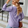 Spring Autumn Solid Top for Women V-neck Jacquard Long Sleeve Loose Blouse