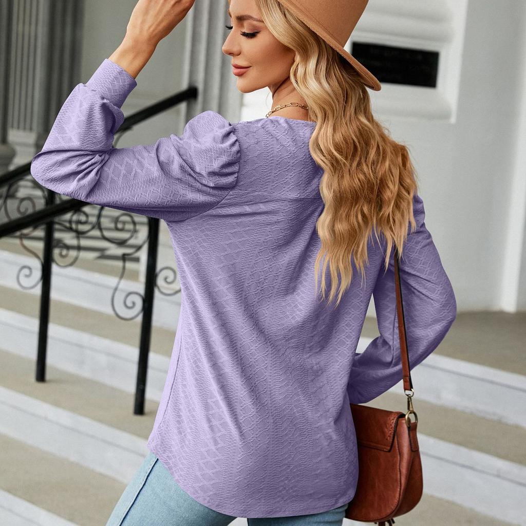 Spring Autumn Solid Top for Women V-neck Jacquard Long Sleeve Loose Blouse
