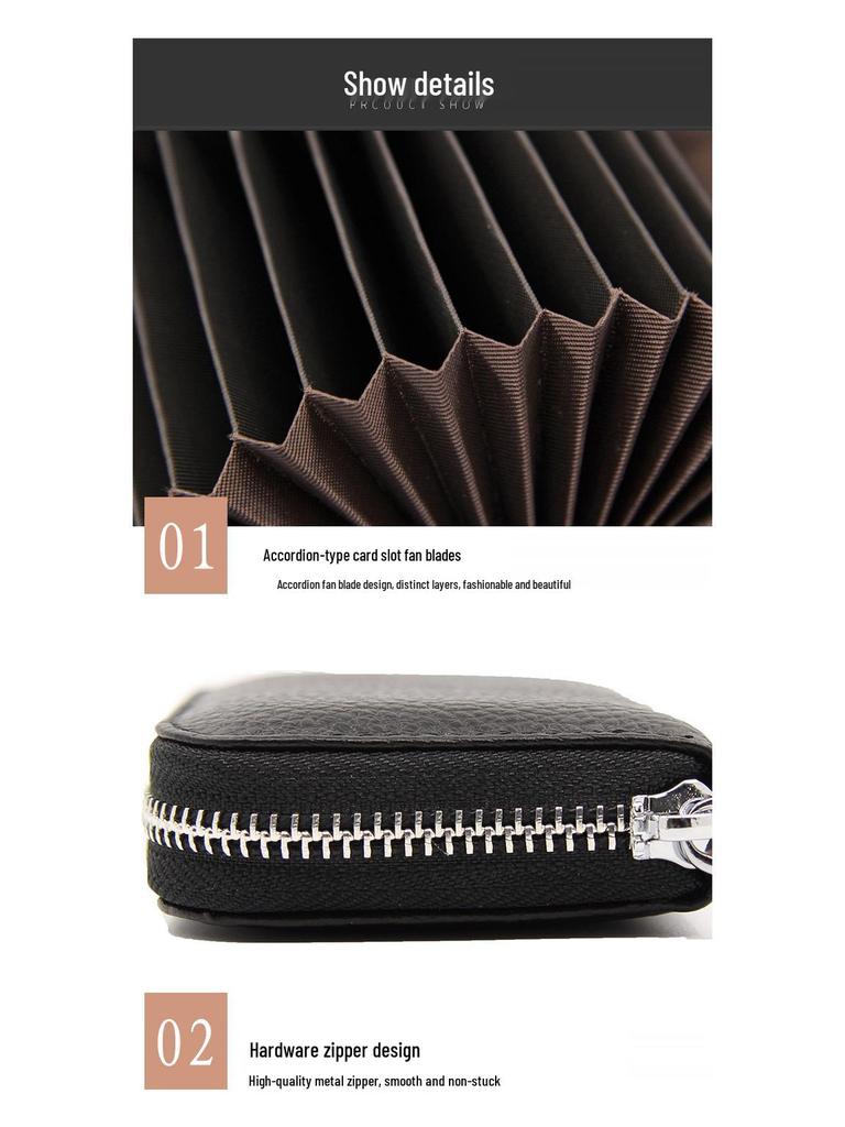 Accordion Top Grain Cowhide RFID Anti-Theft Multi-Card Zipper Leather ID Card Holder