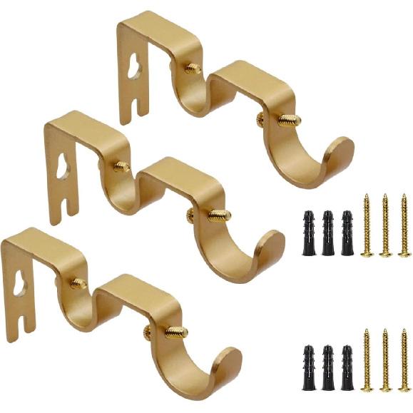 3 Pcs Double Curtain Rod Bracket for Curtain Rods, Heavy Duty Gold Curtain Rod Holders Hanging Brackets with Screws for 1  & 5/8