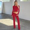 Damen Europäischer Stil Einfarbige Langarm Rundhals Schlanke Passform Lange Hosen Zweiteiliges Outfit