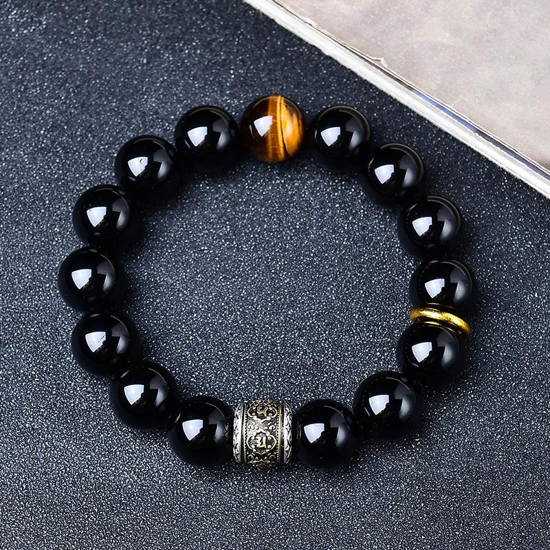 Herren Retro Silber Obsidian Perlenarmband