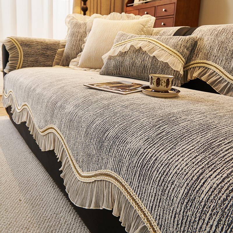 Cream Wind French Special-Shaped Sofa Cushion, New Four-Season Universal, Advanced Sense, Irregular Seat Cushion, Non-Slip Cover, Striped