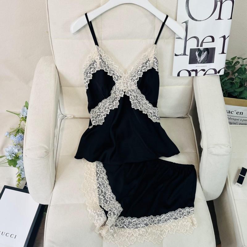 Sommer Frauen Strumpf 2Pcs Pyjamas Set Sexy Patchwork Spitze Chemise Nachtwäsche Intimate Dessous Lose Seide Satin Hause Kleidung