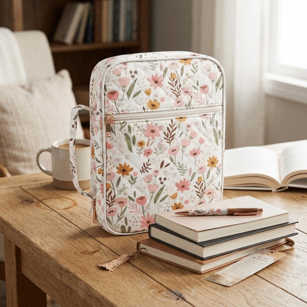 Quilted Cotton Book Bag Large Capacity Protective Pouch Book Storage Bag  School Supplies