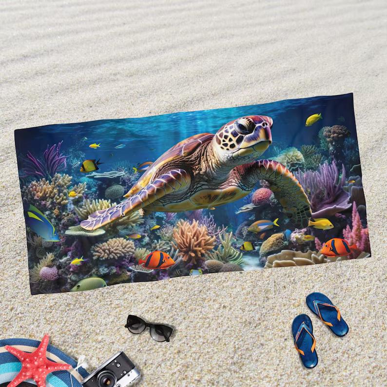 Sea Turtle Beach Towel Vibrant Coral Reef Print Soft Absorbent Fabric Beach Towel Microfiber Large Sand Free Quick Dry