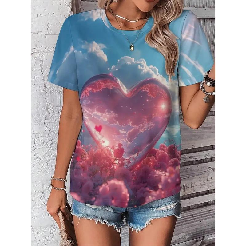 Heart Print Crew Neck T-Shirt For Women Casual Short Sleeve Leopard Love Tshirts Top Women's Ladies Valentine's Day T Shirt