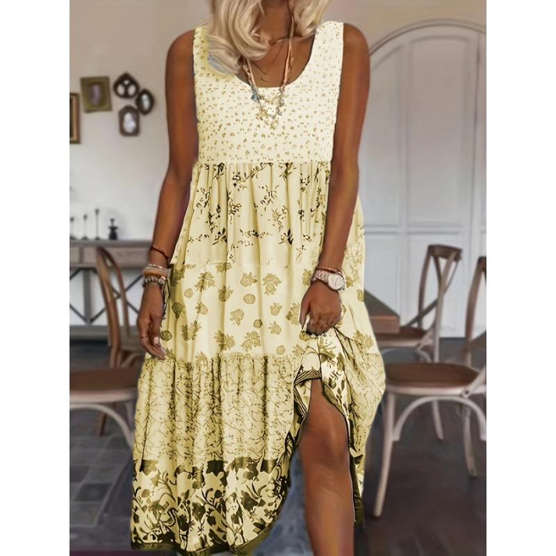 Summer New Women's Dress O-neck Flower Print Elastic Comfortable Simple Vacation Beach Sundress Midi Skirt