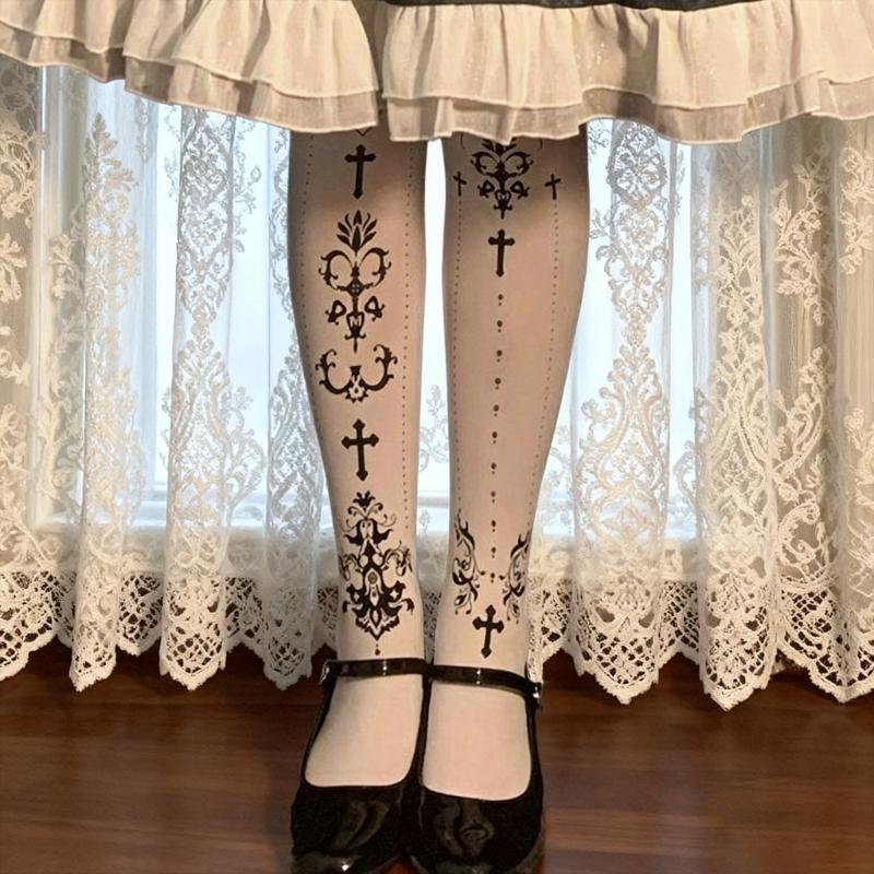 Women's Japanese Gothic Grunge Pantyhose Stockings Harajuku Aesthetic Crosses Print Opaque Tights Leggings Hosiery