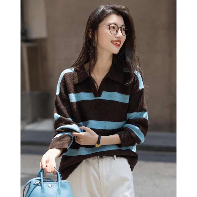 Demana Women's Retro Striped Color Block Turn-Down Collar Sweater