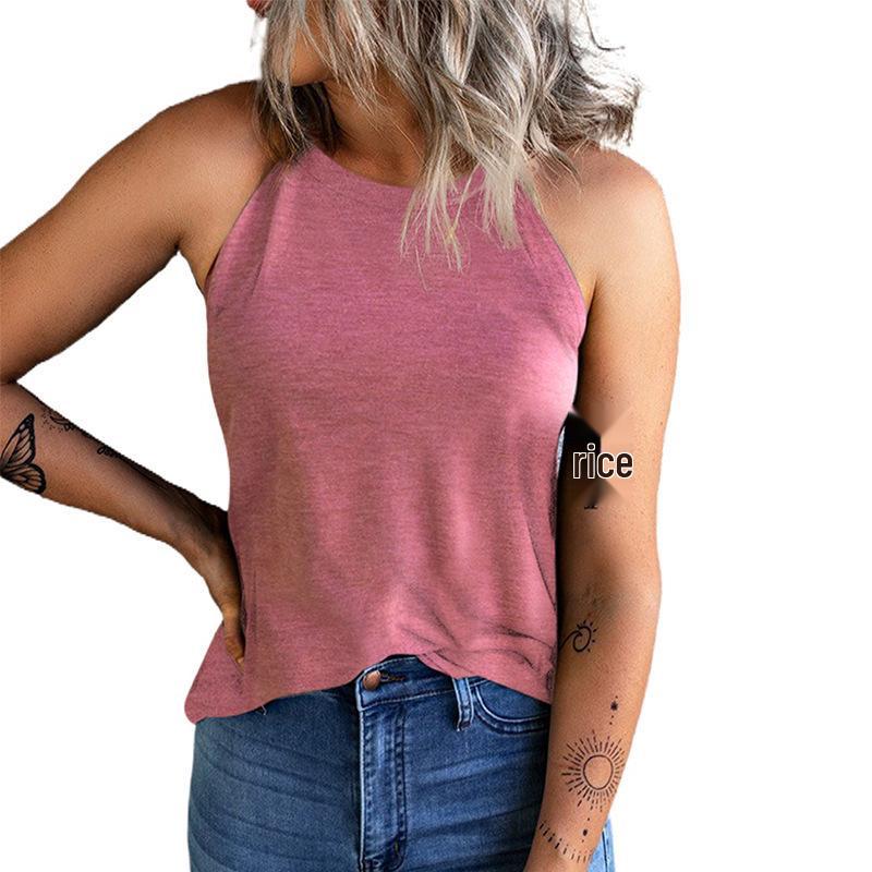 

2026 Women s European Style Sleeveless Halter Vest: Slim Fit, Solid Color, Round Neck Top for Summer L рожевий