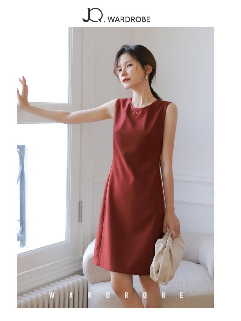 Mei Daiqian Women's Sleeveless Round Neck Midi Vest Dress - Slimming, Drapey, Professional Summer Wear