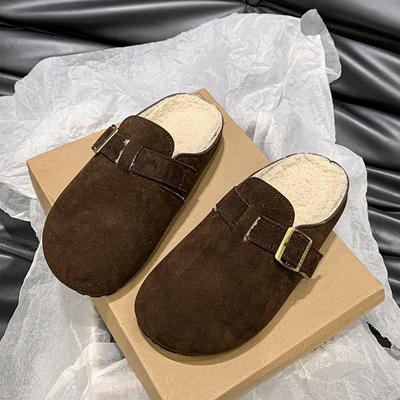 Fashion 2024 Women Winter Round Head Buckle with Matte Leather Surface and Velvet for Warmth and Comfortable Headband Half Slippers For