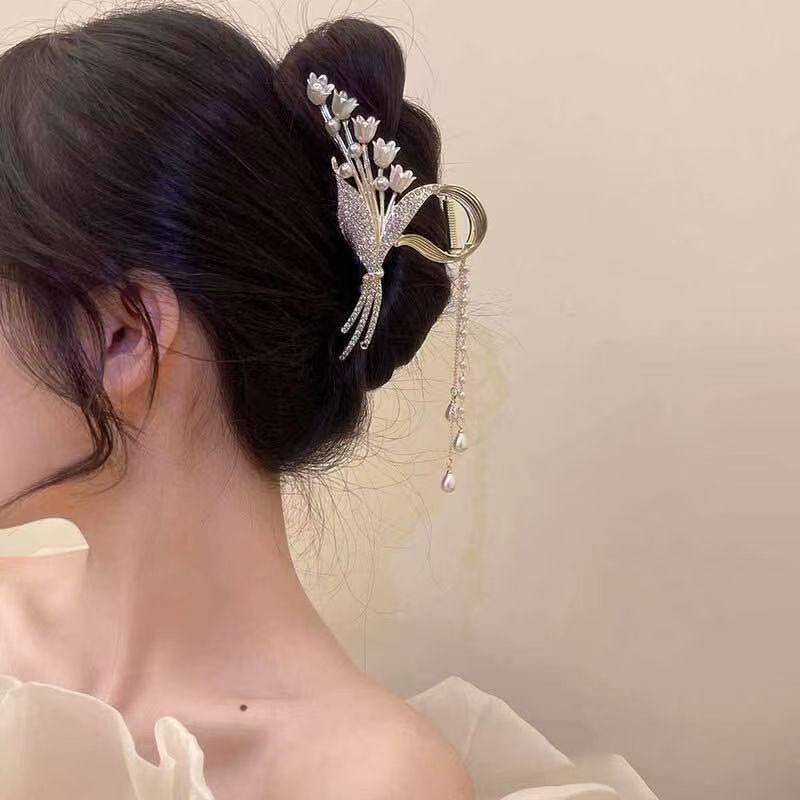 Lily of the Valley Butterfly Tassel Hair Claw - Large High-End Summer Headwear for Women