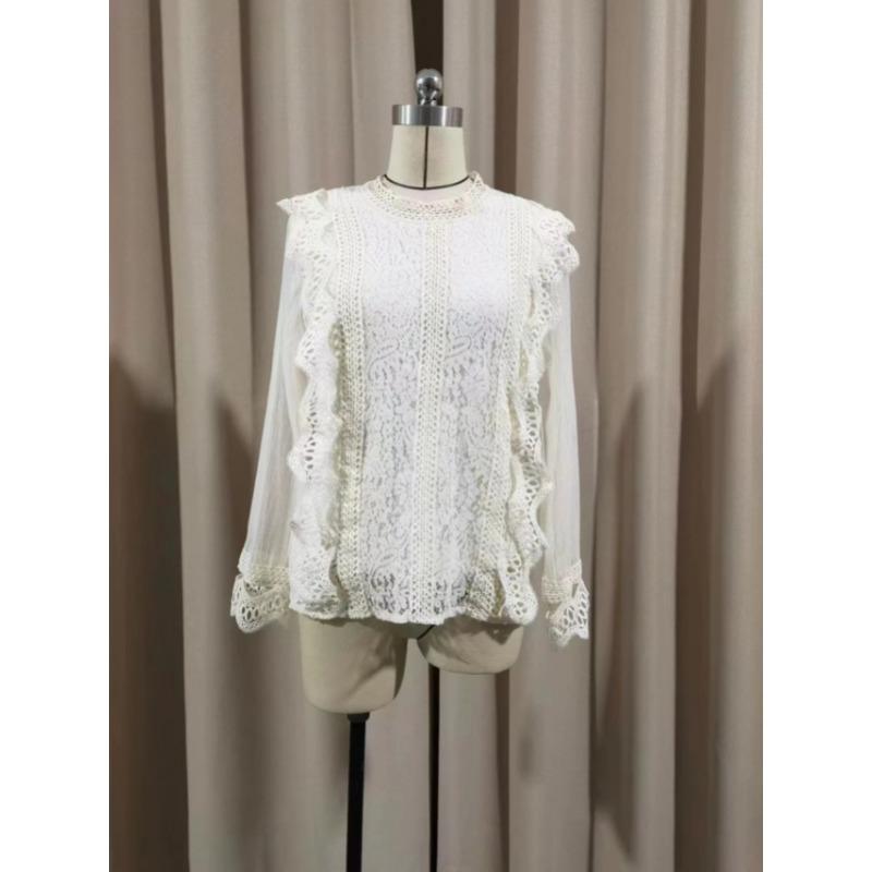 New Elegant Mesh Long Sleeve Lace Blouse Women Solid Color Round Neck Top Women's Loose Shirt Casual Sweet Office Spring Autumn Hollow Out Clothing