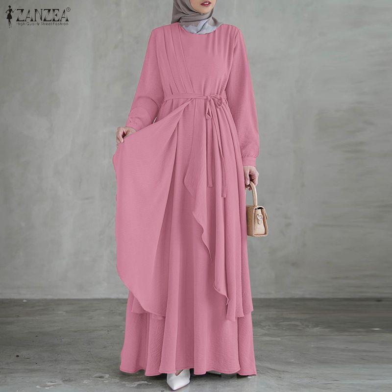 ZANZEA Women Casual Round Neck Long Sleeve Loose Muslim Dress