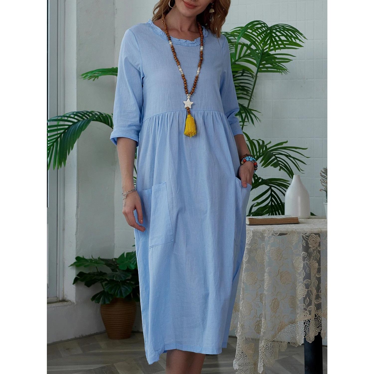 

2025 Новое женское платье миди Женское платье с однотонными рукавами и круглым вырезом XXL синий