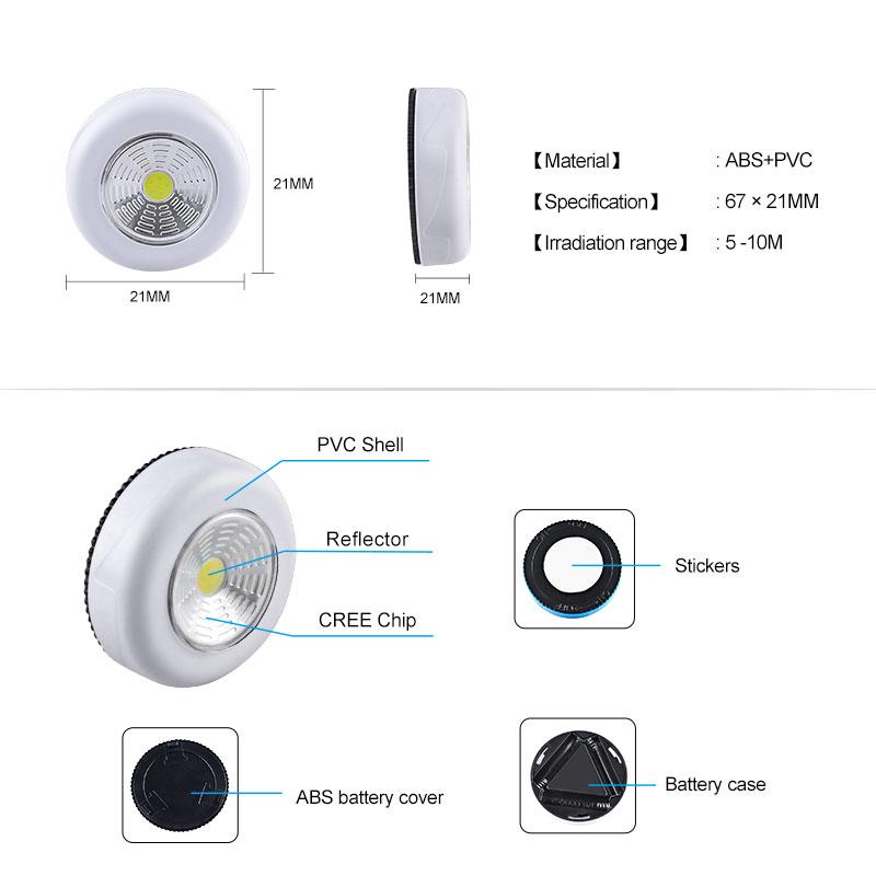 COB LED Round Night Light Wireless Touch Cabinet Lights Battery Powered Wardrobe Lamp For Stair Hallway Closet Bedroom Lighting