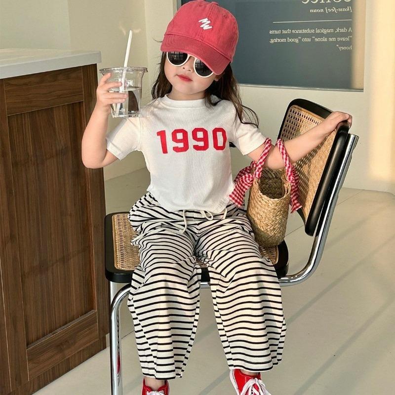New Girls Short Sleeve Suits Summer Kids T-Shirt Clothing Sets Irregular Tops+Stripes Pants 2Pcs Children Fashion Outfits