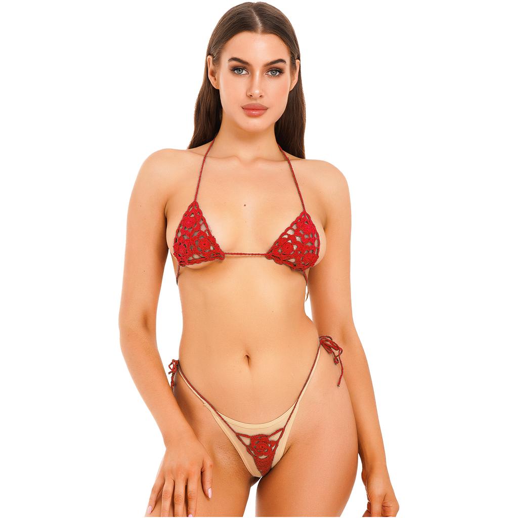 Damen Blumig Handgehäkelt Häkeln Dessous Bikini Set Ausgeschnitten Zweiteilig Badeanzug